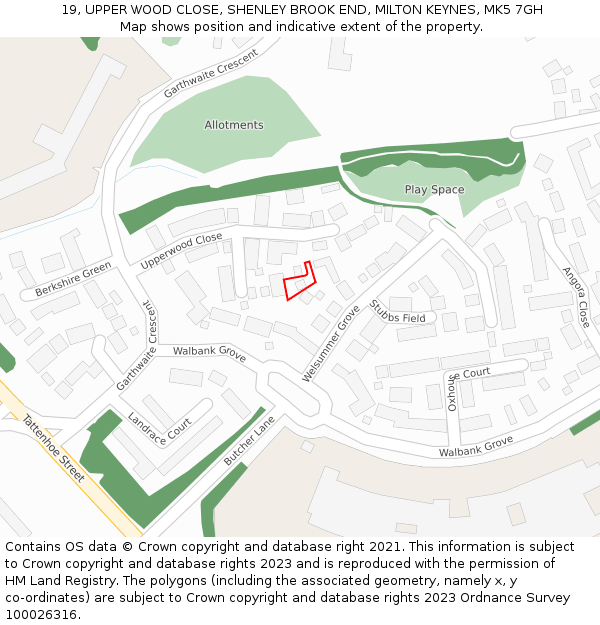 19, UPPER WOOD CLOSE, SHENLEY BROOK END, MILTON KEYNES, MK5 7GH: Location map and indicative extent of plot