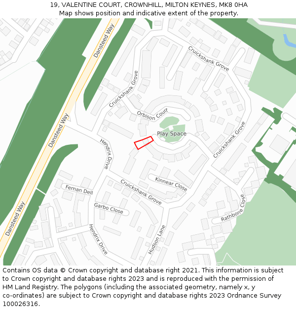 19, VALENTINE COURT, CROWNHILL, MILTON KEYNES, MK8 0HA: Location map and indicative extent of plot