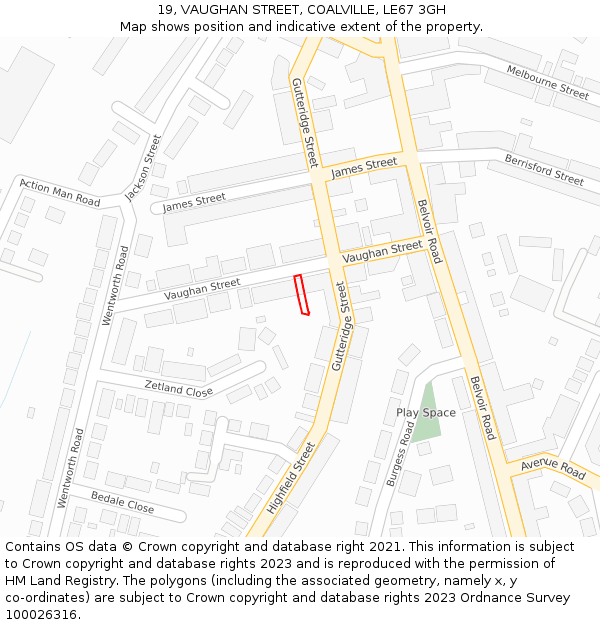 19, VAUGHAN STREET, COALVILLE, LE67 3GH: Location map and indicative extent of plot