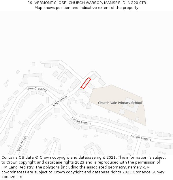 19, VERMONT CLOSE, CHURCH WARSOP, MANSFIELD, NG20 0TR: Location map and indicative extent of plot