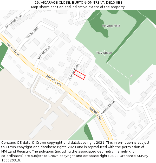 19, VICARAGE CLOSE, BURTON-ON-TRENT, DE15 0BE: Location map and indicative extent of plot