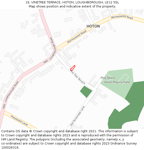 19, VINETREE TERRACE, HOTON, LOUGHBOROUGH, LE12 5SL: Location map and indicative extent of plot