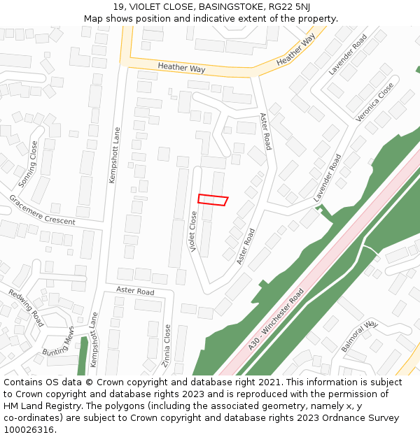 19, VIOLET CLOSE, BASINGSTOKE, RG22 5NJ: Location map and indicative extent of plot