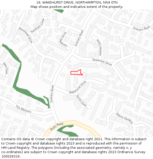 19, WAKEHURST DRIVE, NORTHAMPTON, NN4 0TN: Location map and indicative extent of plot