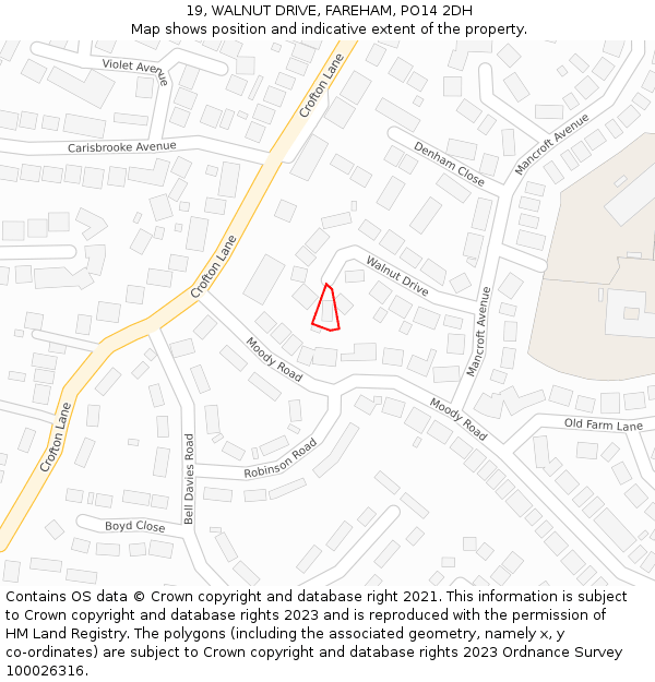 19, WALNUT DRIVE, FAREHAM, PO14 2DH: Location map and indicative extent of plot