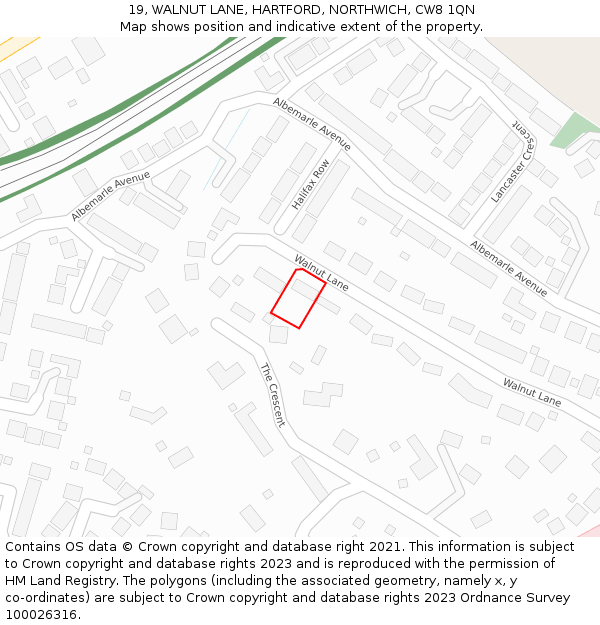 19, WALNUT LANE, HARTFORD, NORTHWICH, CW8 1QN: Location map and indicative extent of plot