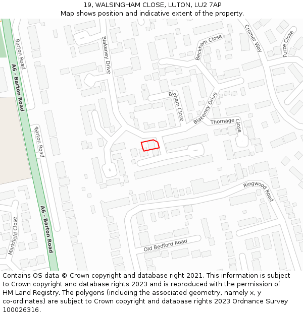 19, WALSINGHAM CLOSE, LUTON, LU2 7AP: Location map and indicative extent of plot