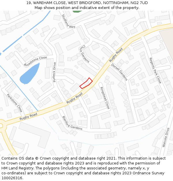 19, WAREHAM CLOSE, WEST BRIDGFORD, NOTTINGHAM, NG2 7UD: Location map and indicative extent of plot