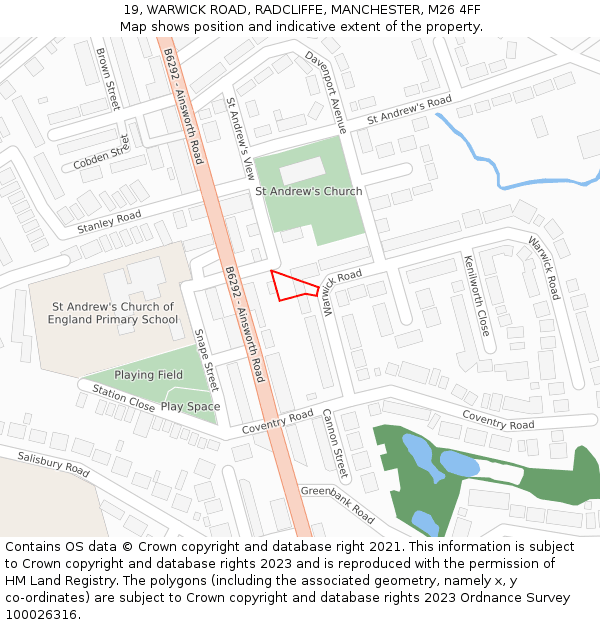 19, WARWICK ROAD, RADCLIFFE, MANCHESTER, M26 4FF: Location map and indicative extent of plot