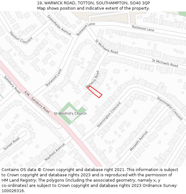 19, WARWICK ROAD, TOTTON, SOUTHAMPTON, SO40 3QP: Location map and indicative extent of plot