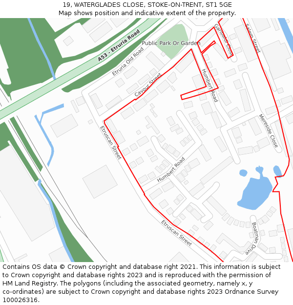 19, WATERGLADES CLOSE, STOKE-ON-TRENT, ST1 5GE: Location map and indicative extent of plot