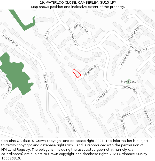 19, WATERLOO CLOSE, CAMBERLEY, GU15 1PY: Location map and indicative extent of plot