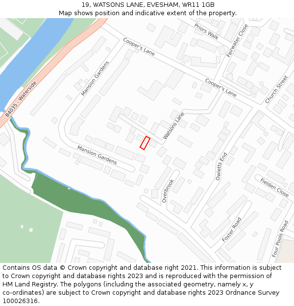 19, WATSONS LANE, EVESHAM, WR11 1GB: Location map and indicative extent of plot
