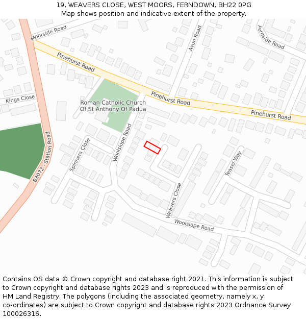 19, WEAVERS CLOSE, WEST MOORS, FERNDOWN, BH22 0PG: Location map and indicative extent of plot