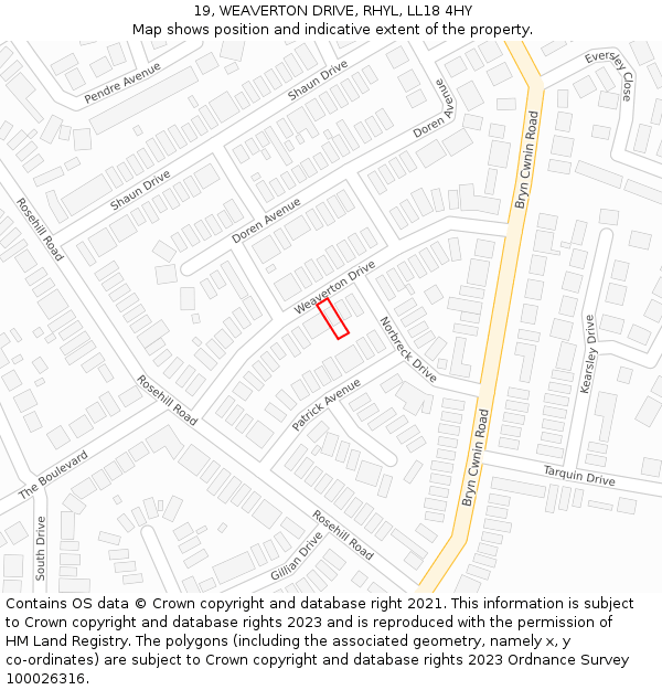 19, WEAVERTON DRIVE, RHYL, LL18 4HY: Location map and indicative extent of plot