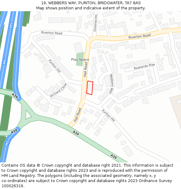 19, WEBBERS WAY, PURITON, BRIDGWATER, TA7 8AS: Location map and indicative extent of plot