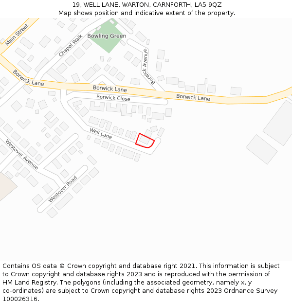 19, WELL LANE, WARTON, CARNFORTH, LA5 9QZ: Location map and indicative extent of plot