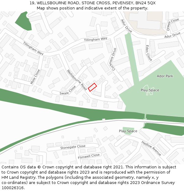 19, WELLSBOURNE ROAD, STONE CROSS, PEVENSEY, BN24 5QX: Location map and indicative extent of plot