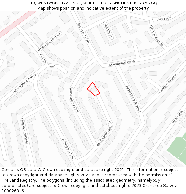 19, WENTWORTH AVENUE, WHITEFIELD, MANCHESTER, M45 7GQ: Location map and indicative extent of plot