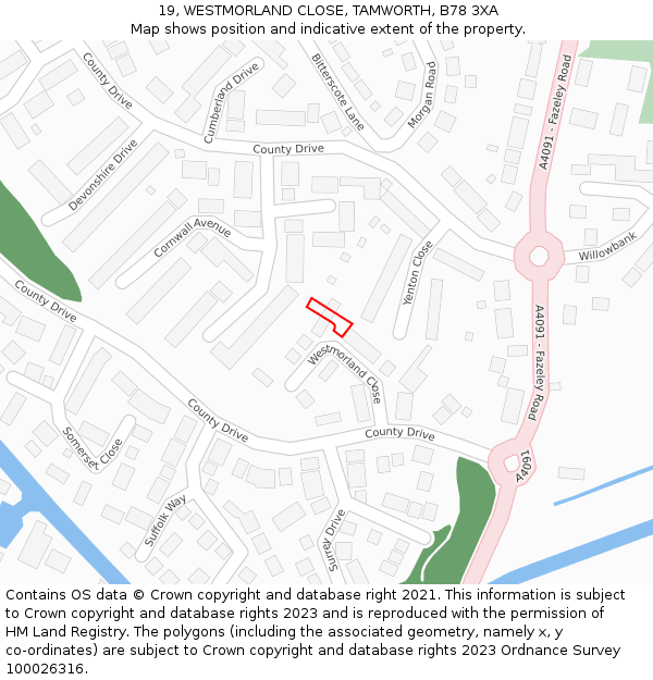19, WESTMORLAND CLOSE, TAMWORTH, B78 3XA: Location map and indicative extent of plot