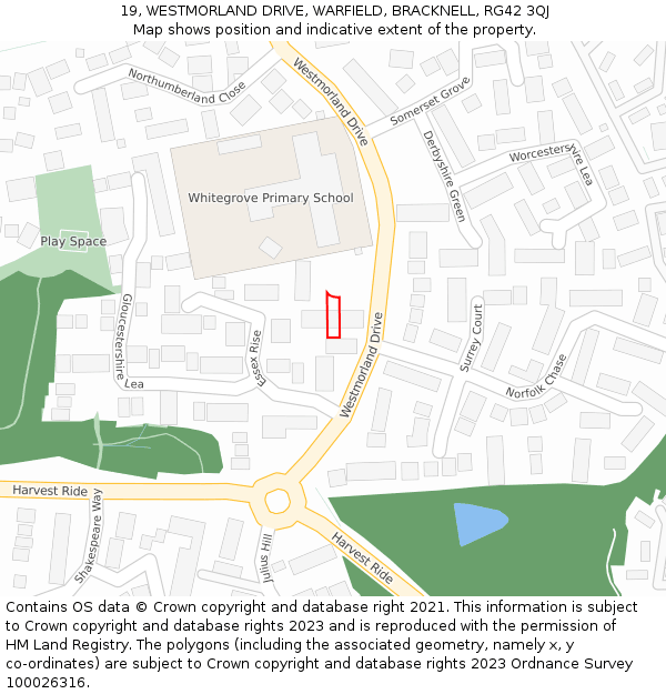 19, WESTMORLAND DRIVE, WARFIELD, BRACKNELL, RG42 3QJ: Location map and indicative extent of plot