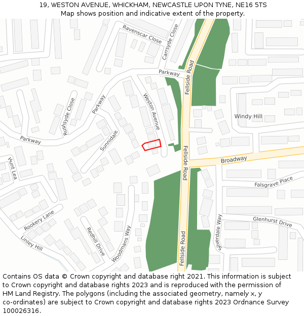19, WESTON AVENUE, WHICKHAM, NEWCASTLE UPON TYNE, NE16 5TS: Location map and indicative extent of plot