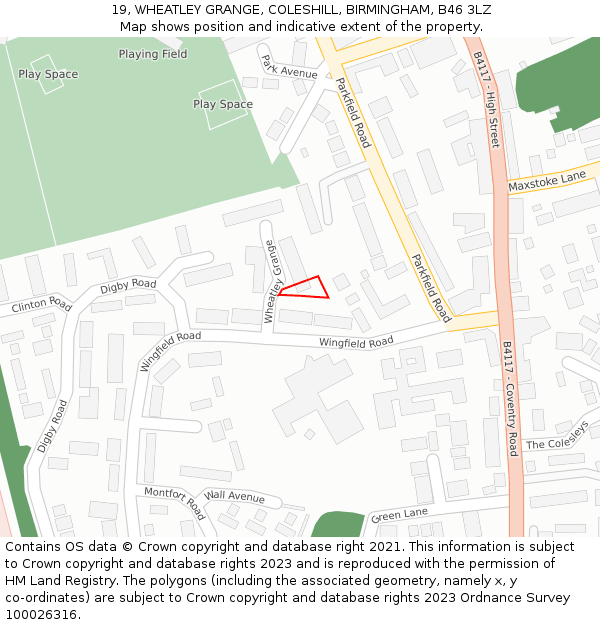 19, WHEATLEY GRANGE, COLESHILL, BIRMINGHAM, B46 3LZ: Location map and indicative extent of plot