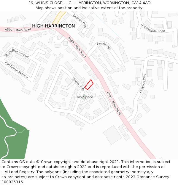 19, WHINS CLOSE, HIGH HARRINGTON, WORKINGTON, CA14 4AD: Location map and indicative extent of plot