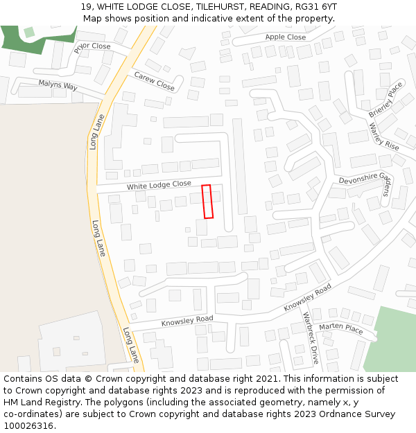 19, WHITE LODGE CLOSE, TILEHURST, READING, RG31 6YT: Location map and indicative extent of plot