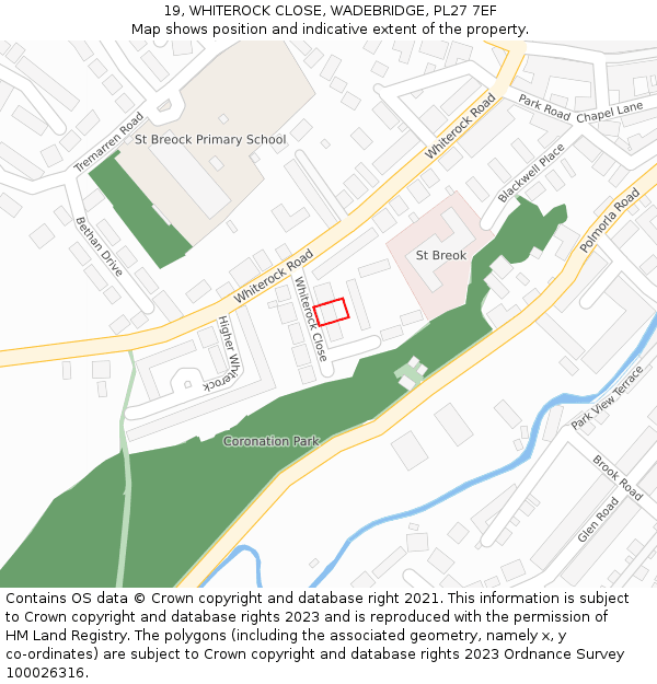 19, WHITEROCK CLOSE, WADEBRIDGE, PL27 7EF: Location map and indicative extent of plot