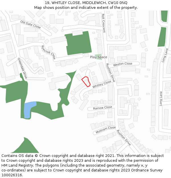 19, WHITLEY CLOSE, MIDDLEWICH, CW10 0NQ: Location map and indicative extent of plot