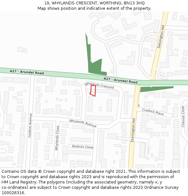 19, WHYLANDS CRESCENT, WORTHING, BN13 3HQ: Location map and indicative extent of plot