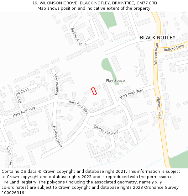 19, WILKINSON GROVE, BLACK NOTLEY, BRAINTREE, CM77 8RB: Location map and indicative extent of plot