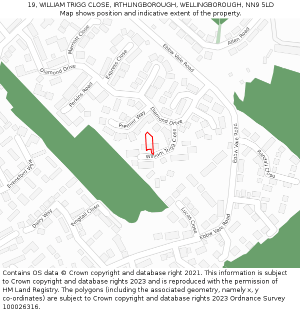 19, WILLIAM TRIGG CLOSE, IRTHLINGBOROUGH, WELLINGBOROUGH, NN9 5LD: Location map and indicative extent of plot