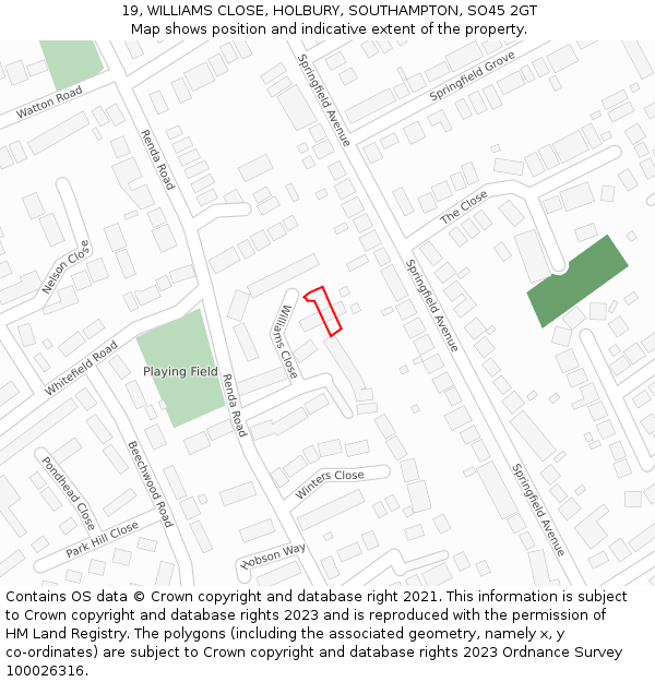 19, WILLIAMS CLOSE, HOLBURY, SOUTHAMPTON, SO45 2GT: Location map and indicative extent of plot
