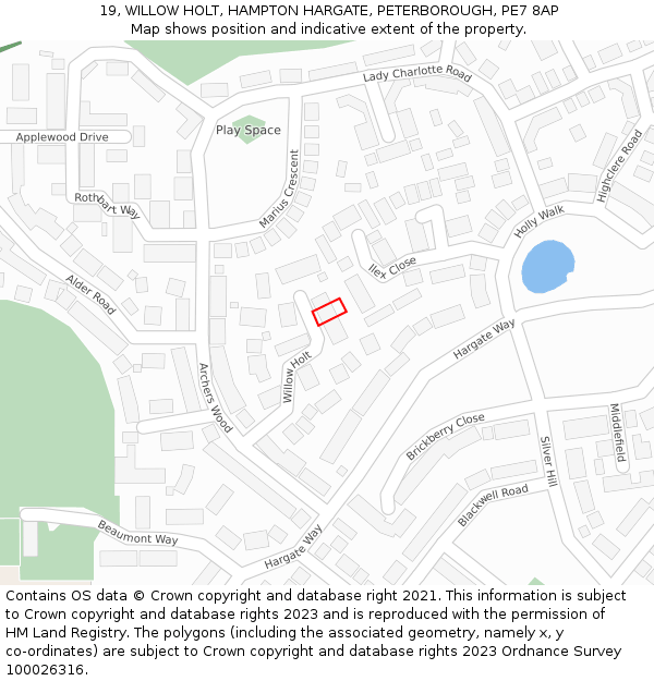 19, WILLOW HOLT, HAMPTON HARGATE, PETERBOROUGH, PE7 8AP: Location map and indicative extent of plot