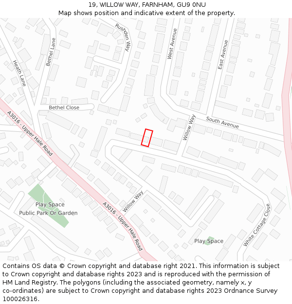 19, WILLOW WAY, FARNHAM, GU9 0NU: Location map and indicative extent of plot