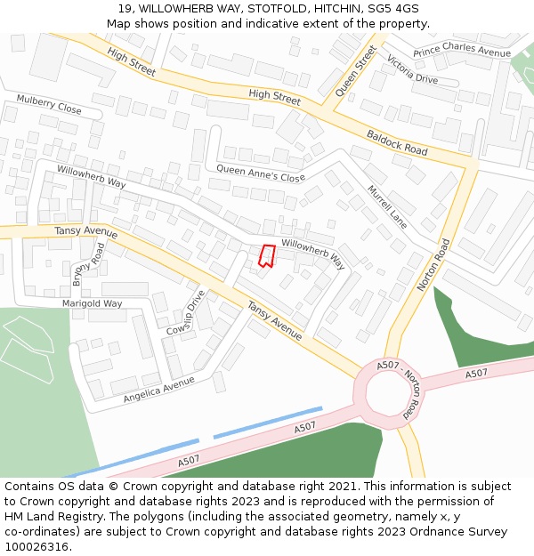 19, WILLOWHERB WAY, STOTFOLD, HITCHIN, SG5 4GS: Location map and indicative extent of plot