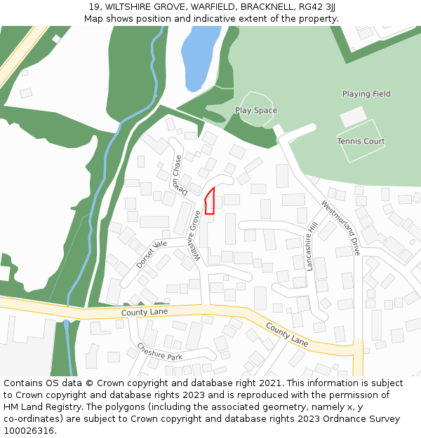 19, WILTSHIRE GROVE, WARFIELD, BRACKNELL, RG42 3JJ: Location map and indicative extent of plot