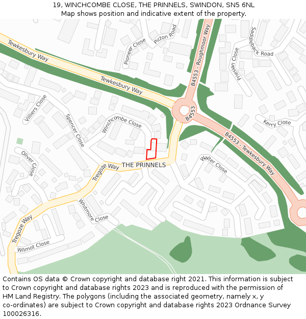 19, WINCHCOMBE CLOSE, THE PRINNELS, SWINDON, SN5 6NL: Location map and indicative extent of plot