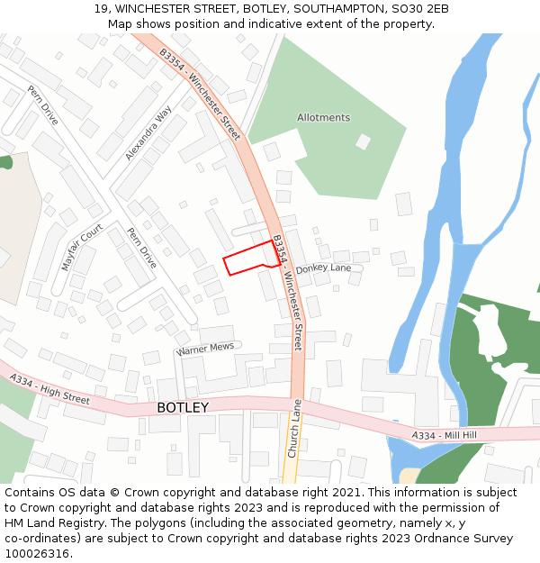 19, WINCHESTER STREET, BOTLEY, SOUTHAMPTON, SO30 2EB: Location map and indicative extent of plot