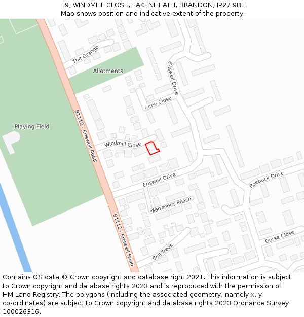 19, WINDMILL CLOSE, LAKENHEATH, BRANDON, IP27 9BF: Location map and indicative extent of plot