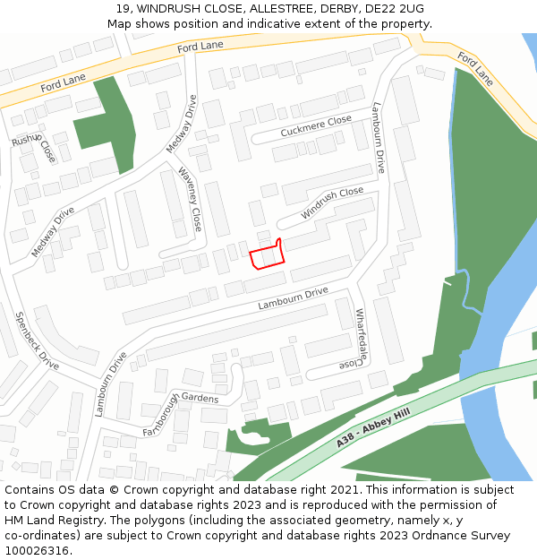 19, WINDRUSH CLOSE, ALLESTREE, DERBY, DE22 2UG: Location map and indicative extent of plot