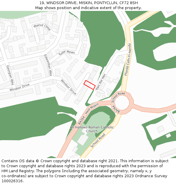 19, WINDSOR DRIVE, MISKIN, PONTYCLUN, CF72 8SH: Location map and indicative extent of plot