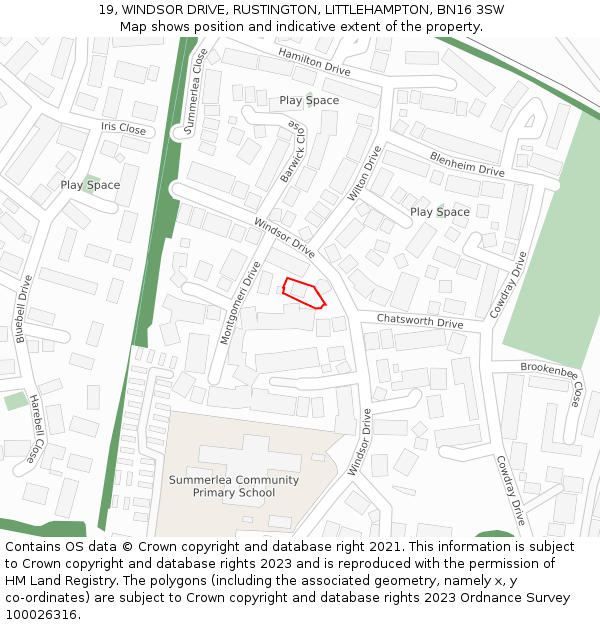 19, WINDSOR DRIVE, RUSTINGTON, LITTLEHAMPTON, BN16 3SW: Location map and indicative extent of plot