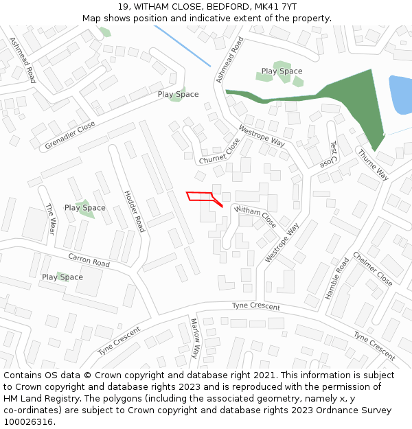 19, WITHAM CLOSE, BEDFORD, MK41 7YT: Location map and indicative extent of plot