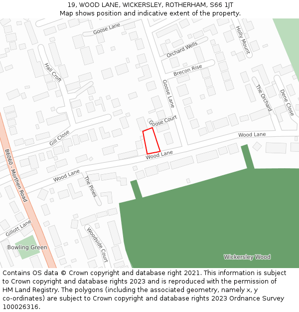 19, WOOD LANE, WICKERSLEY, ROTHERHAM, S66 1JT: Location map and indicative extent of plot