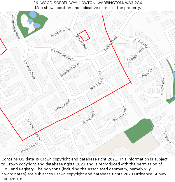 19, WOOD SORREL WAY, LOWTON, WARRINGTON, WA3 2GX: Location map and indicative extent of plot