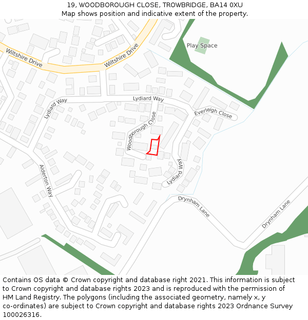 19, WOODBOROUGH CLOSE, TROWBRIDGE, BA14 0XU: Location map and indicative extent of plot