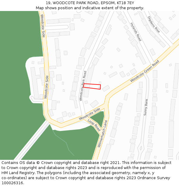 19, WOODCOTE PARK ROAD, EPSOM, KT18 7EY: Location map and indicative extent of plot